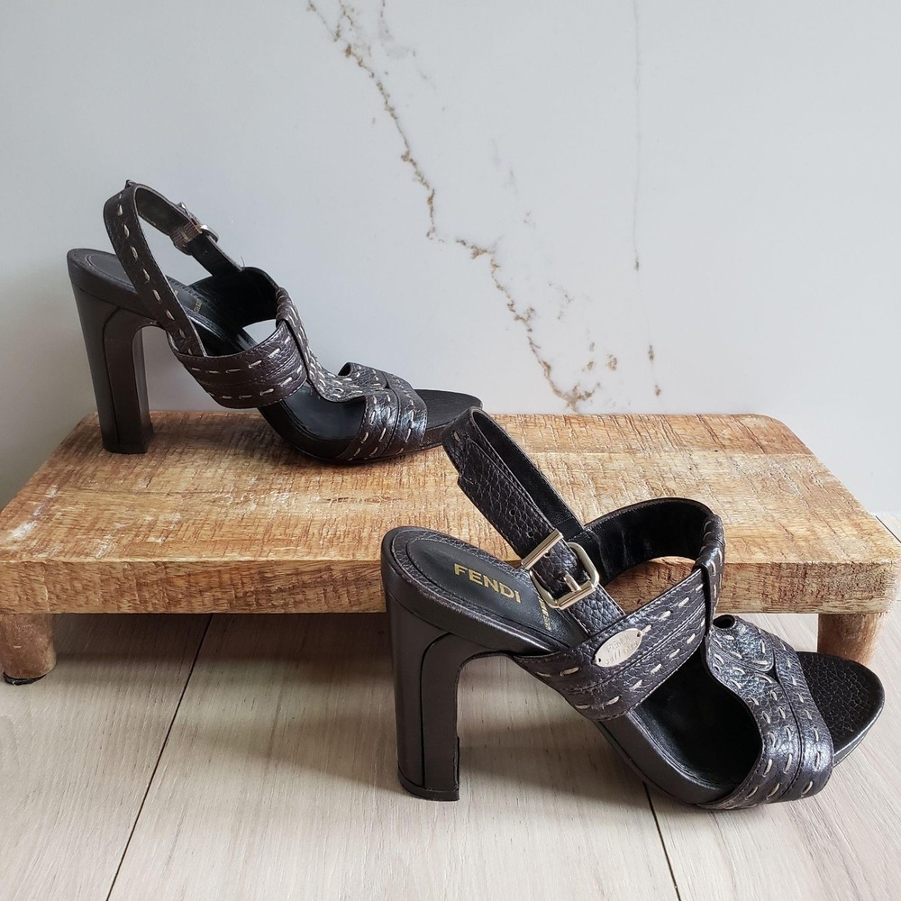 Fendi Selleria Sandals Womens 7 Brown Leather Slingback Cone Heel Dress Shoes